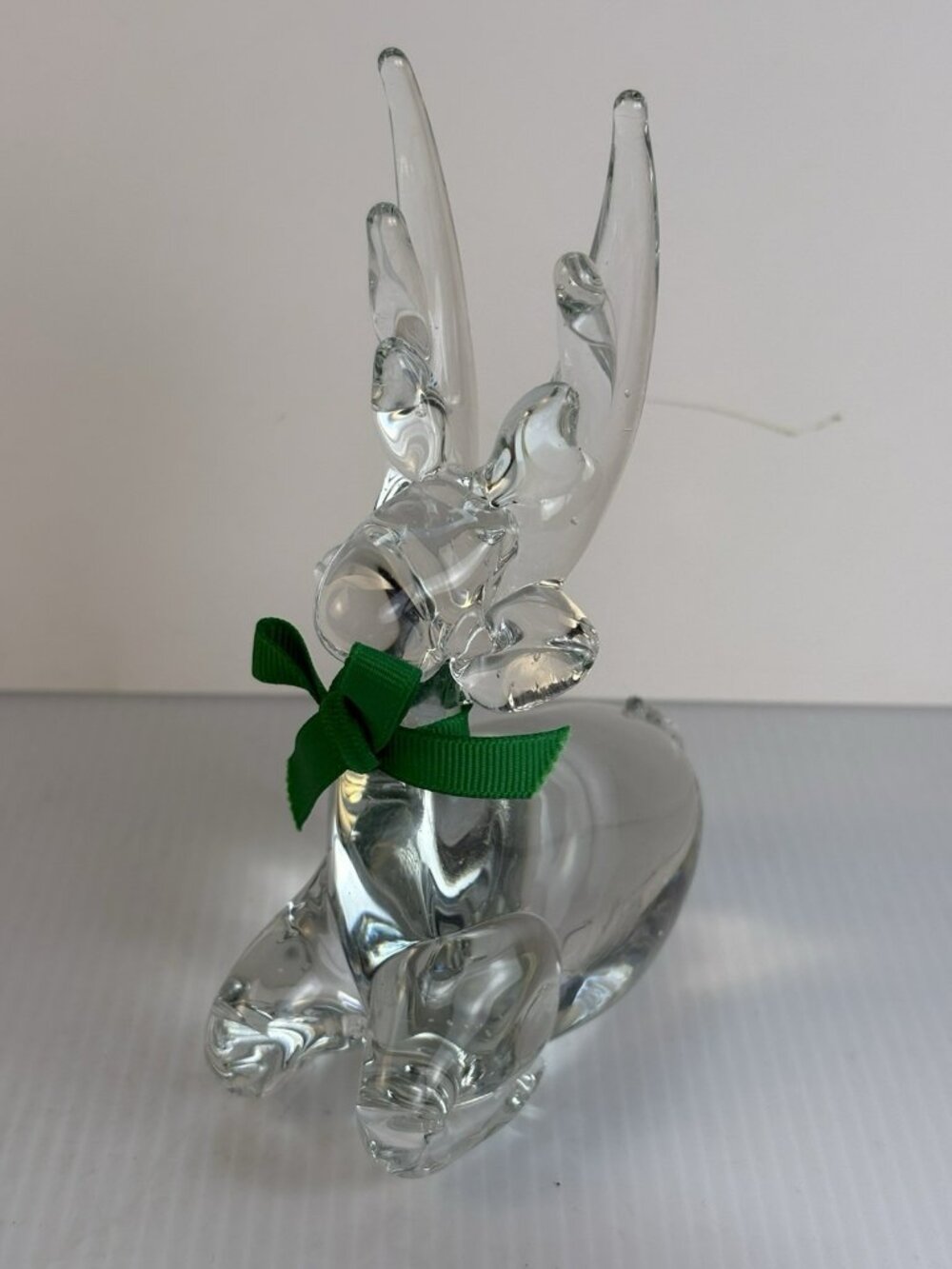 Vintage Hand Blown Art Glass Deer Paperweight Figure 6" Green Bow